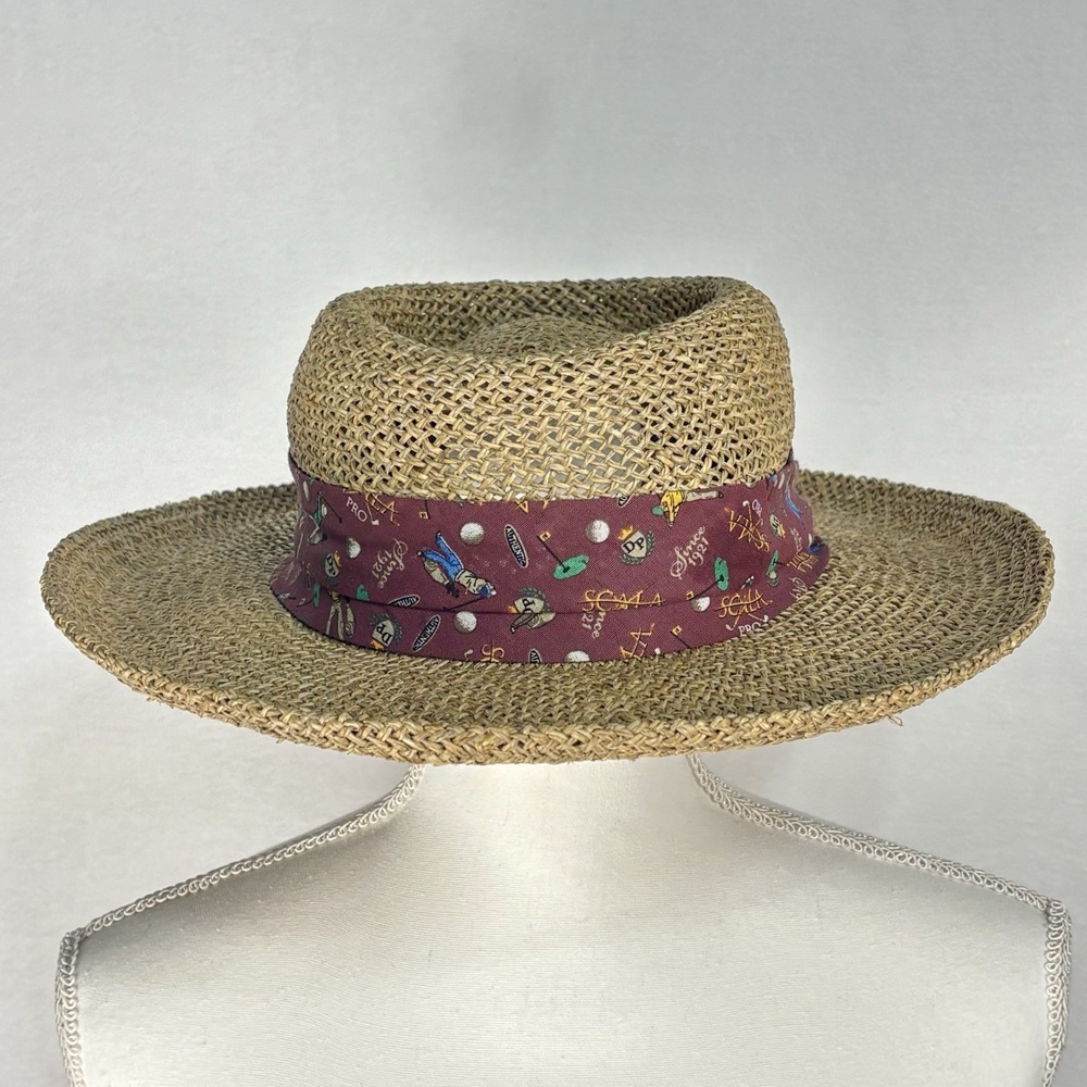 Scala Pro Series Seagrass Straw Hat Wide Brim Fedora Burgundy Golf Band S/M Tan